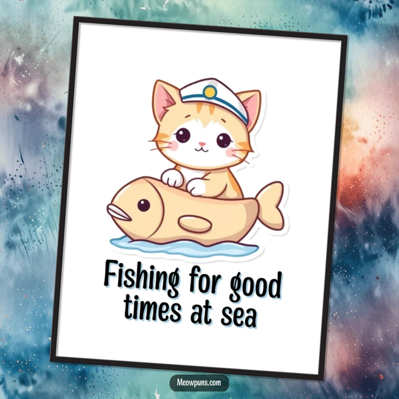 Funny Free Printable Wall Art: Cat in a sailor hat joyfully sailing a fish-shaped boat, whimsical nautical decor.