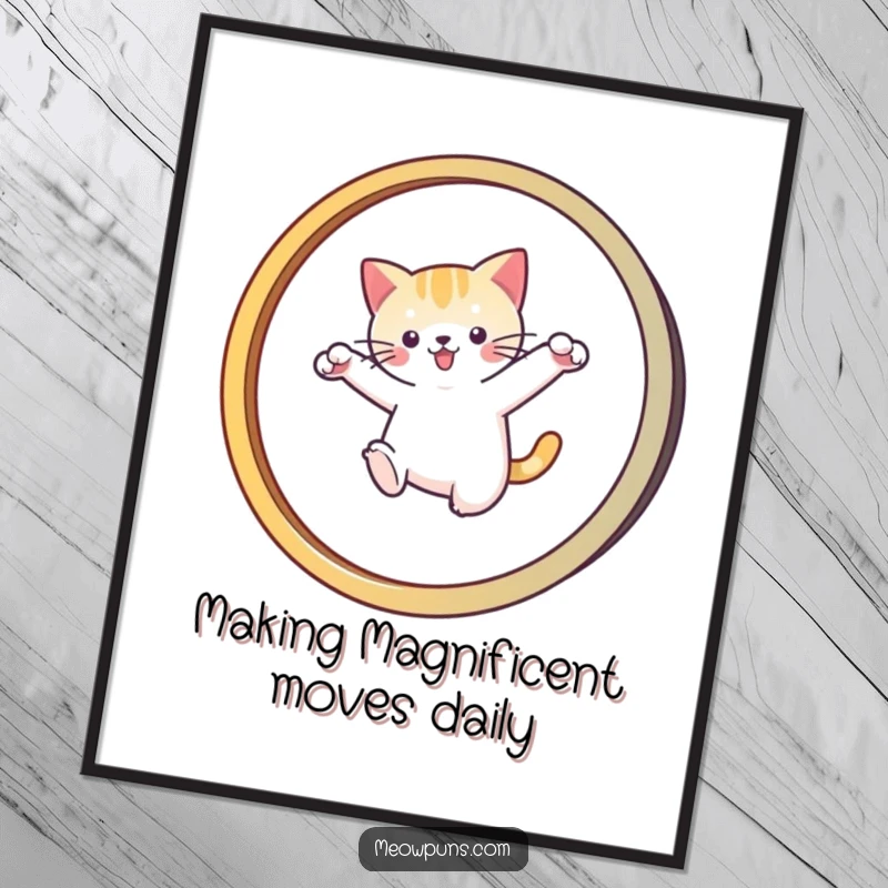 Funny Free Printable Wall Art: Cat performing an athletic leap through a stylized M-shaped hoop, energetic and humorous decor.