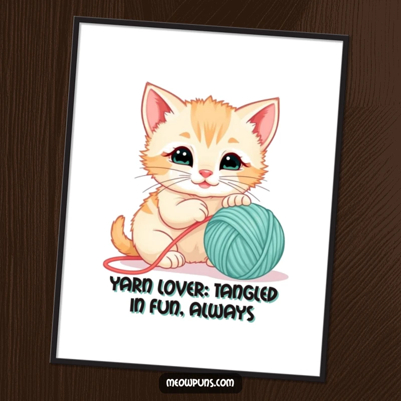 Funny Free Printable wall art featuring a fluffy kitten playfully batting at a ball of yarn, bringing joy and mischief.