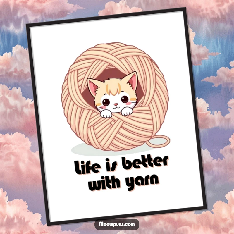 Funny Free Printable Wall Art: A cute cat character peeking inquisitively from within a large, enticing ball of colorful yarn.