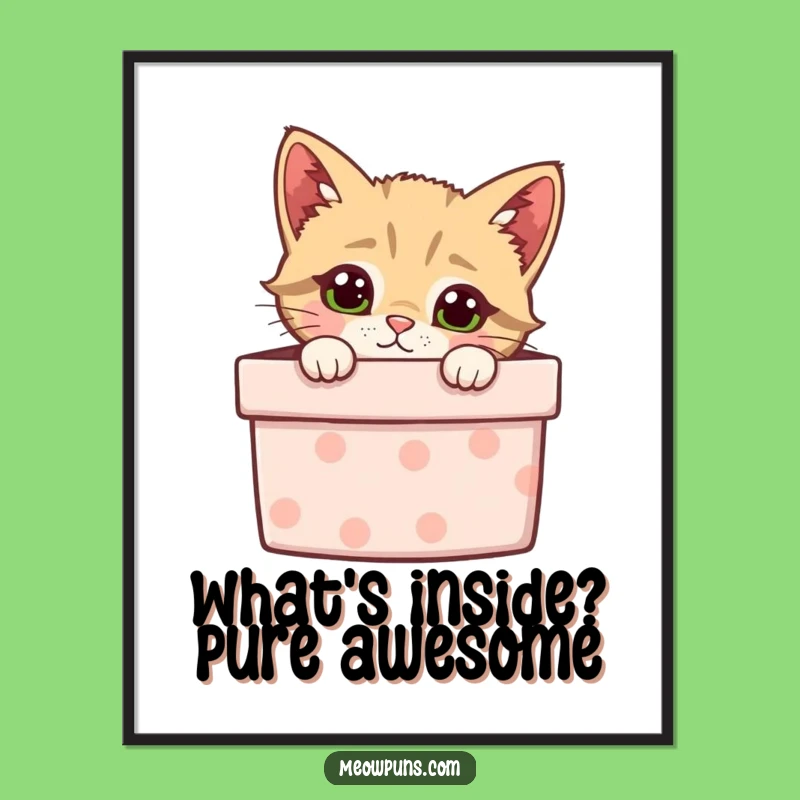 Free Printable Wall Art: Curious Cat Gift Box Humor, Funny Downloadable Decor