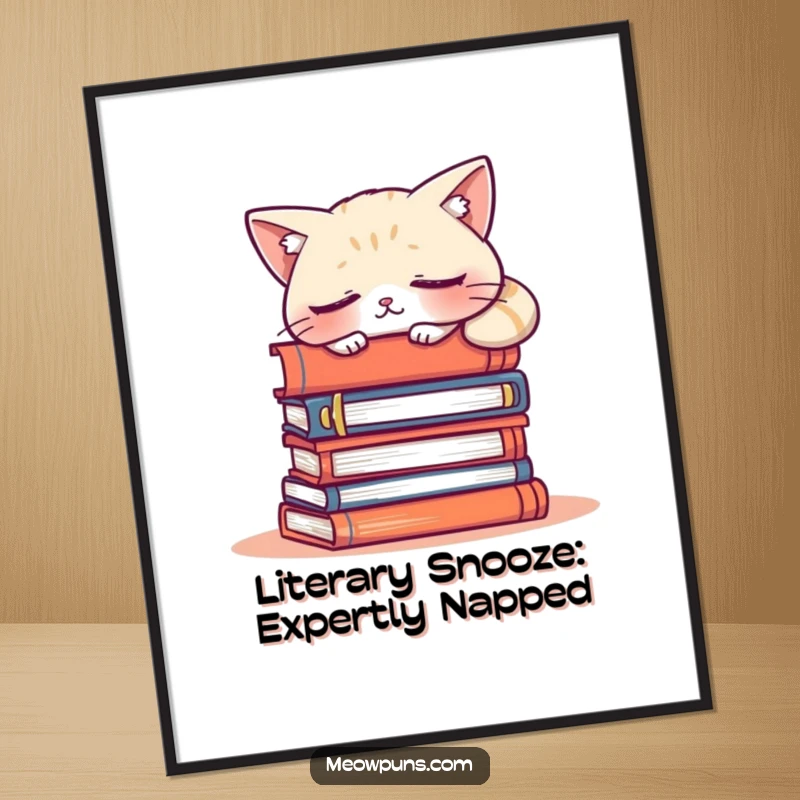 Funny Free Printable Wall Art: A charmingly sleepy cat snoozes on a towering stack of books, exuding cozy vibes.
