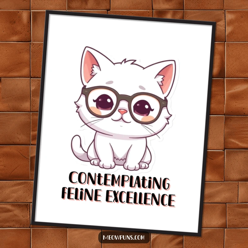 Funny Free Printable Wall Art: White cat wearing glasses, looking thoughtful and wise, adding intellectual humor to a room.