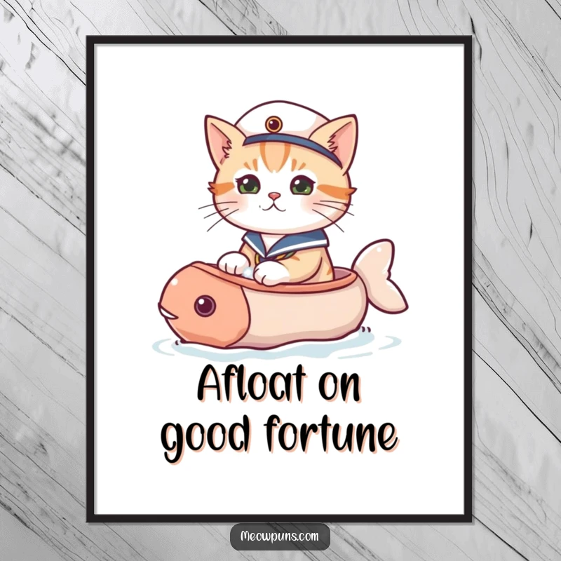 Funny Free Printable Wall Art: Cat wearing a tiny sailor hat steering a whimsical fish-shaped boat.