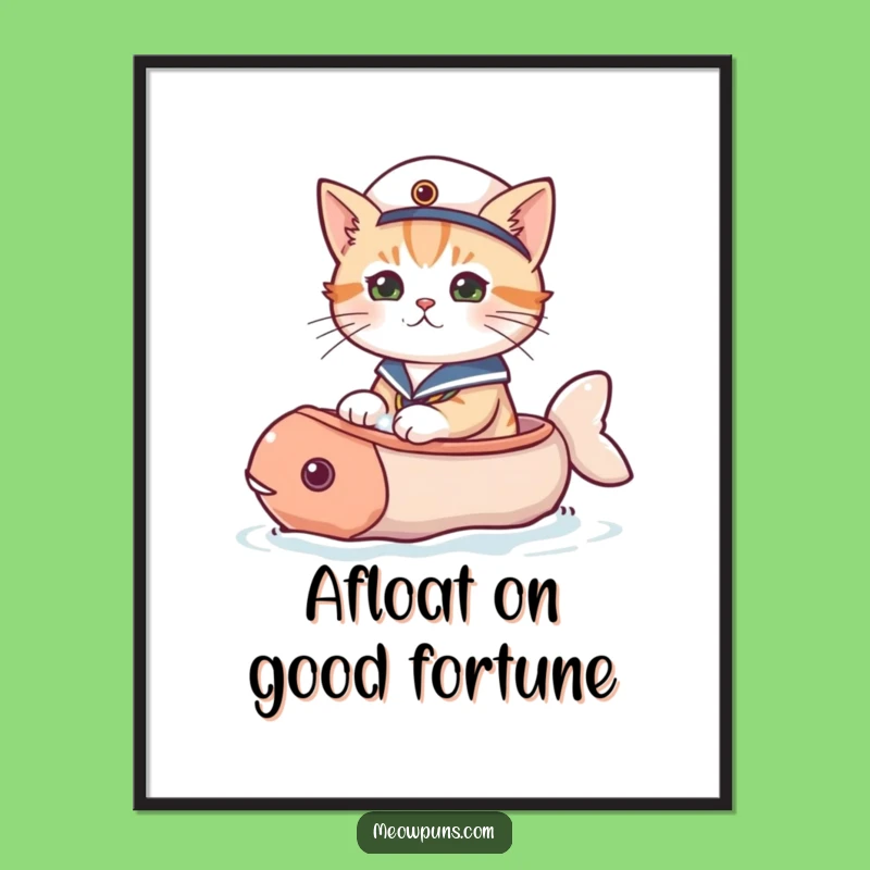 Free Printable Wall Art: Sailor Cat's Fish Boat Adventure, Whimsical Nautical Decor