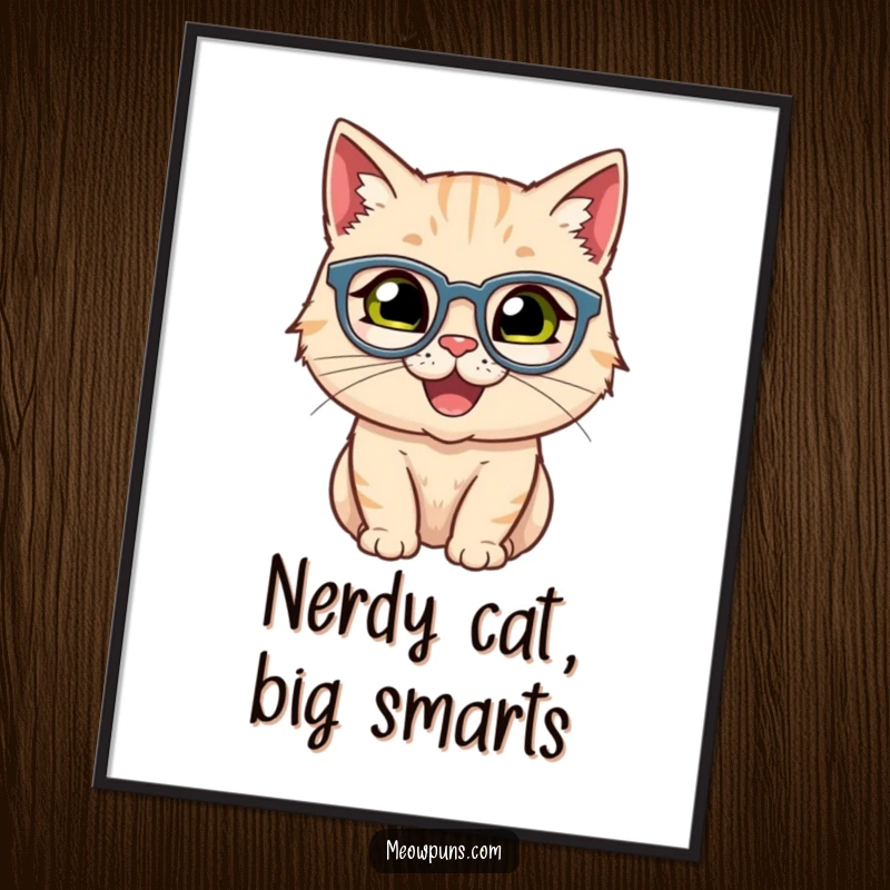 Funny Free Printable Wall Art of a happy cat wearing small, intellectual spectacles, adding a witty touch.