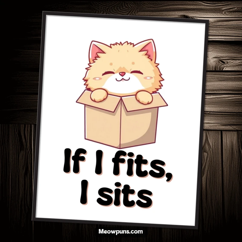 Funny Free Printable Wall Art featuring a fluffy cat peeking curiously from a hilariously small box.