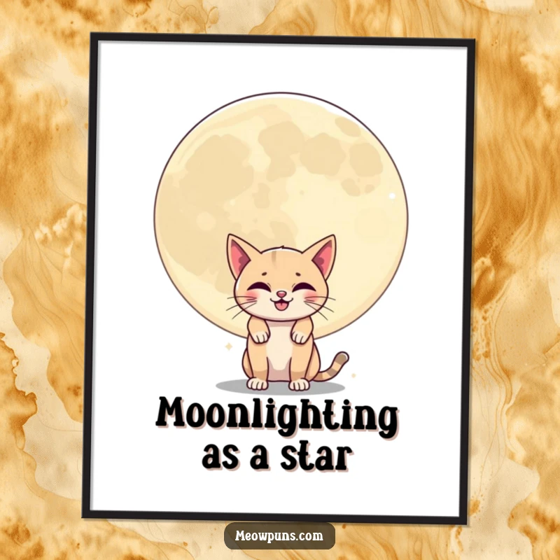 Funny Free Printable Wall Art: Mischievous cat peeking from behind a giant grinning moon, whimsical downloadable art.