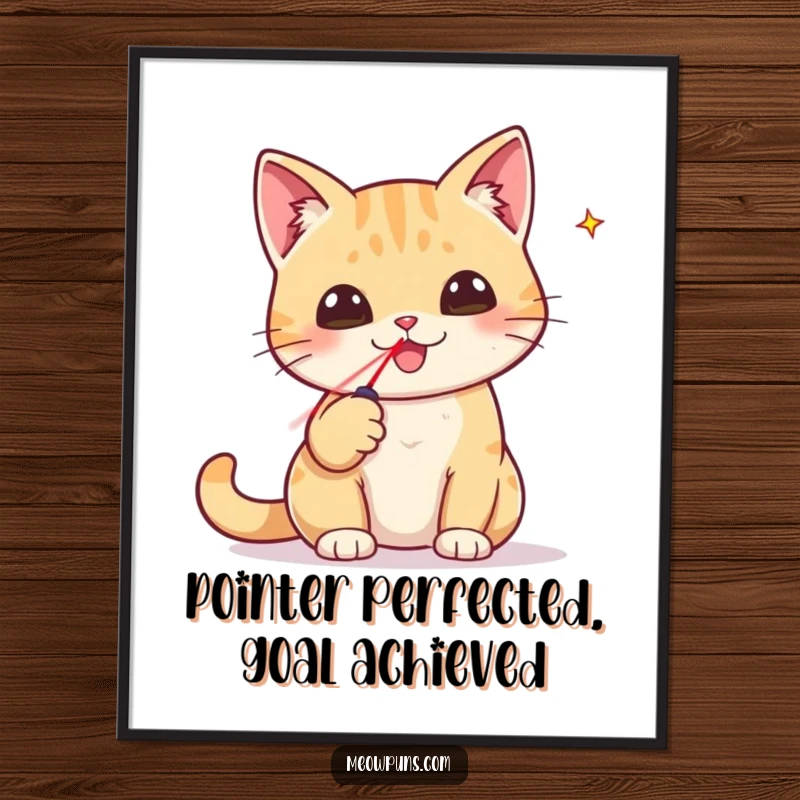 Funny Free Printable Wall Art: Triumphant cat holding a tiny laser pointer like a trophy, humorous downloadable art.