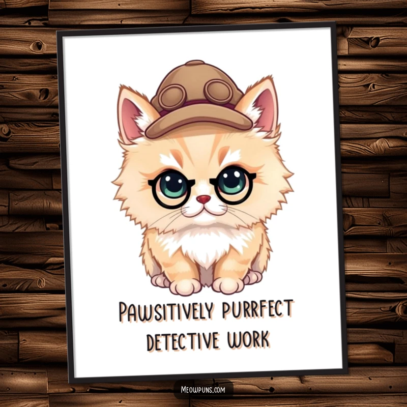 Funny Free Printable Wall Art: A fluffy cat wearing a tiny detective hat, peering curiously through a magnifying glass.