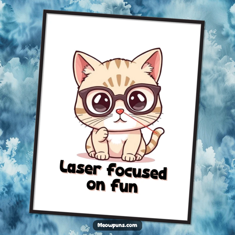 Funny Free Printable Wall Art: Cat wearing tiny spectacles, eyes locked on a bright laser pointer dot, ready to leap.