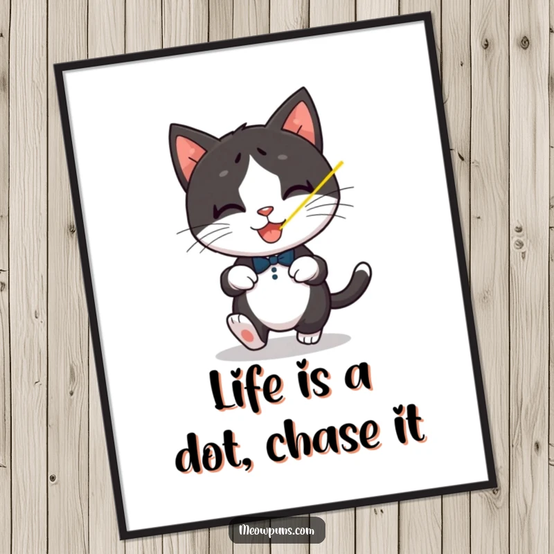 Funny Free Printable Wall Art: A playful tuxedo cat in mid-leap, chasing a bright red laser pointer dot.