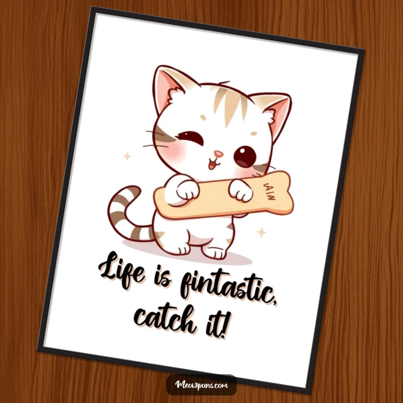 Funny Free Printable Wall Art: Whimsical cat mid-air, playfully batting at a floating fishbone, delightful decor.