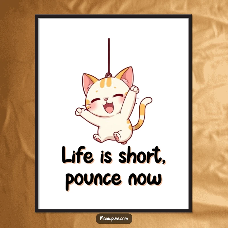 Funny Free Printable Wall Art depicting a cute cat character in the midst of an excited pounce on a string.