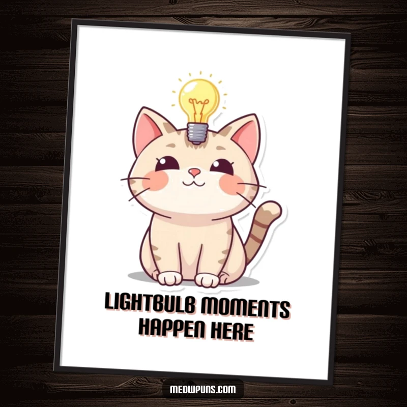 Funny Free Printable Wall Art: Cat with a glowing lightbulb, signifying a brilliant idea, perfect humorous downloadable art.