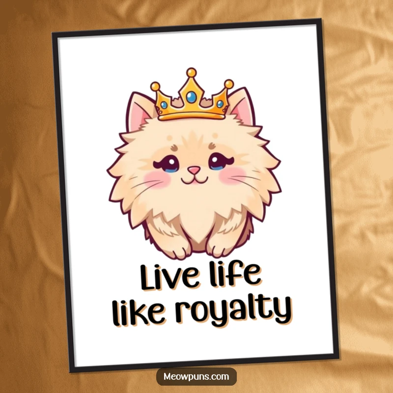 Funny Free Printable Wall Art: Fluffy cat character adorned with a majestic crown, exuding charm.