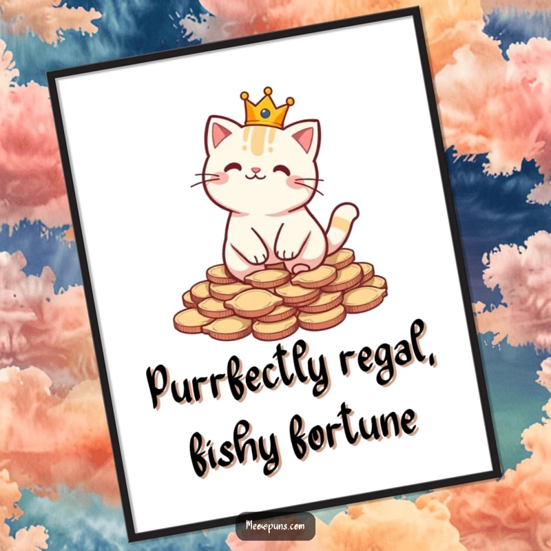 Funny Free Printable Wall Art: Cat wearing a crown sits atop a pile of fish-shaped coins, luxurious feline decor.