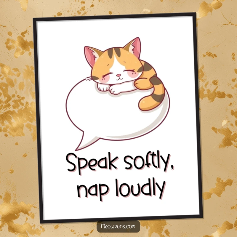 Funny Free Printable Wall Art: A calico cat napping soundly on a giant speech bubble, illustrating ultimate relaxation.
