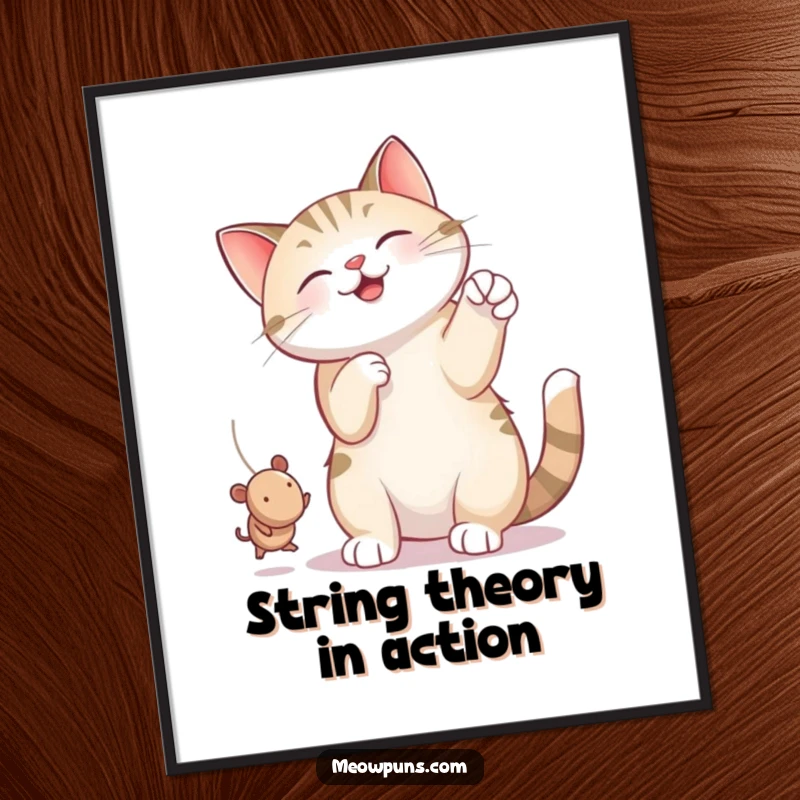 Funny Free Printable Wall Art: Cat batting at a string with a tiny mouse attached, whimsical downloadable art.