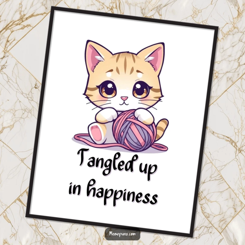 Funny Free Printable Wall Art: A cat with wide, innocent eyes staring intently at a large, fluffy ball of yarn, in a cozy setting.