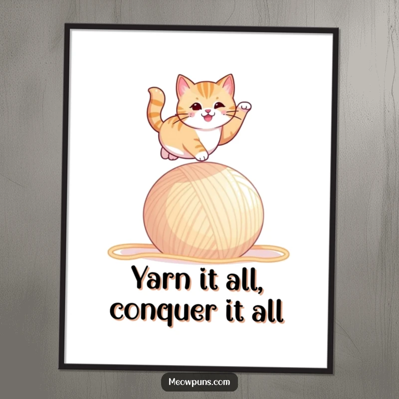 Funny Free Printable Wall Art: Cat mid-air, dramatically leaping over a giant ball of yarn, humorous downloadable art.