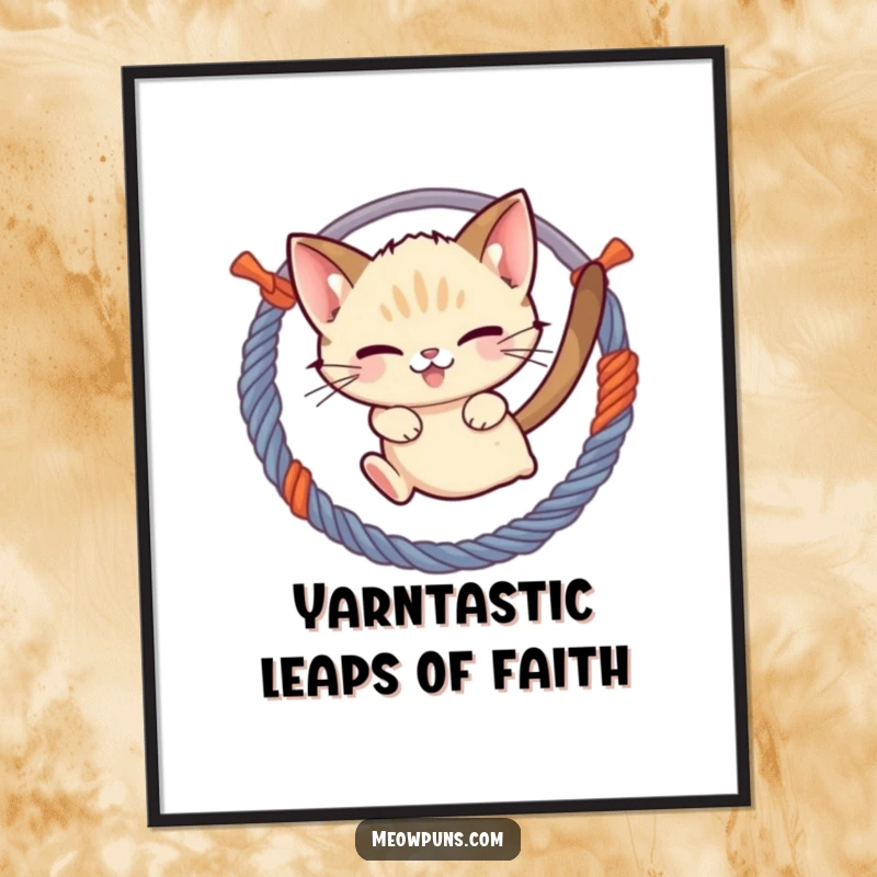 Funny Free Printable Wall Art: Mischievous Siamese cat leaping with agility through a hoop of yarn, adding playful charm.