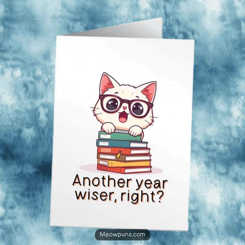 Funny Free Printable Birthday Card: Cat wearing glasses looks surprised as books tumble down around it.