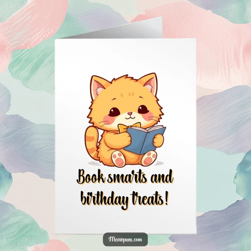 Funny Free Printable Birthday Card featuring a fluffy orange cat in a bowtie, engrossed in a book, ready to celebrate.