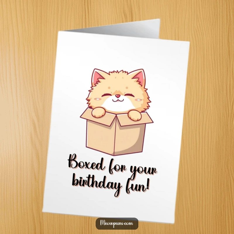 Funny Free Printable Birthday Card featuring a fluffy cat squeezed into a comically tiny box, peeking out.