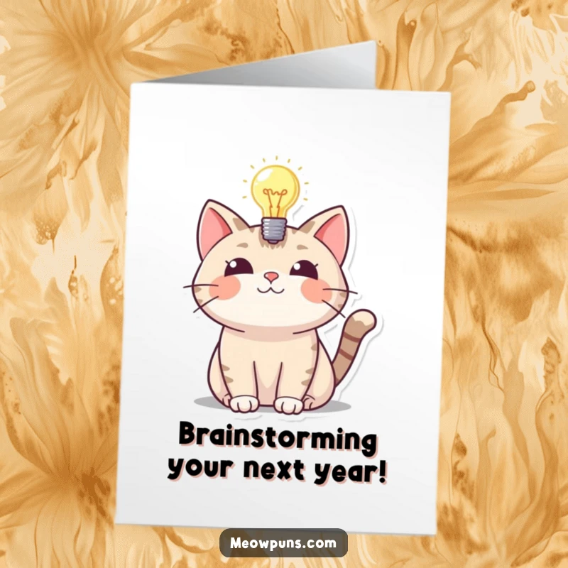 Funny Free Printable Birthday Card: Cat with a glowing lightbulb showing a brilliant idea, perfect for funny downloadable gifts.