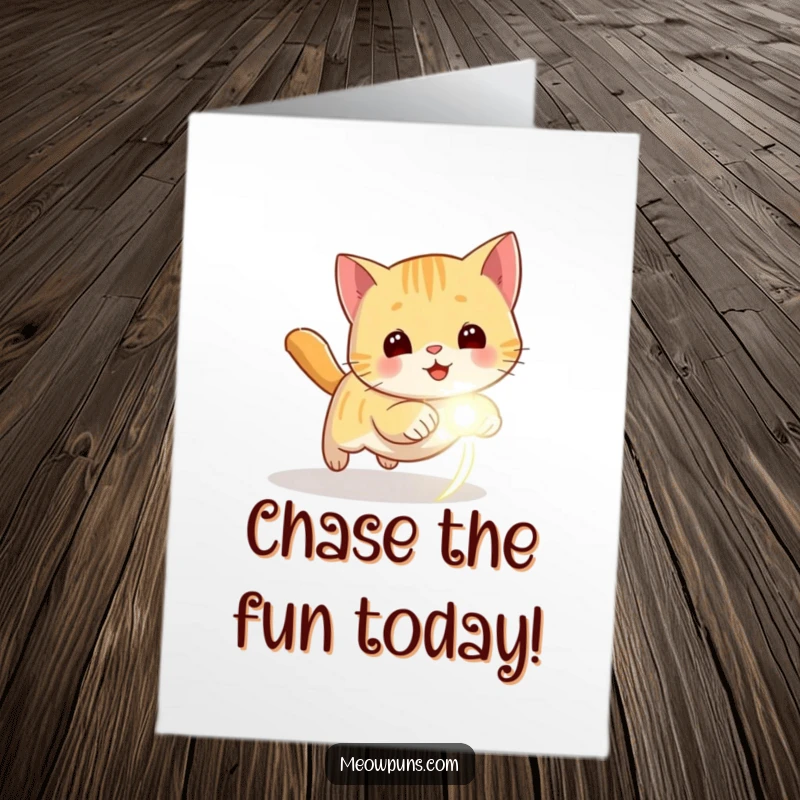 Funny Free Printable Birthday Card: A lively cat leaping playfully after a glowing red laser dot.