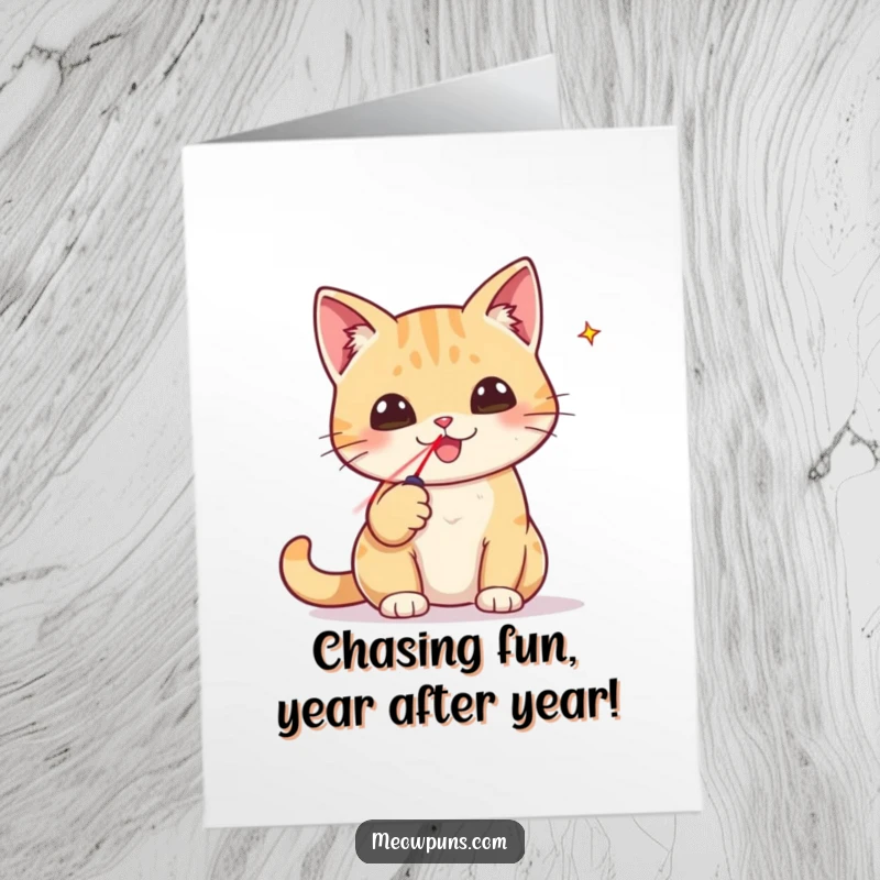 Funny Free Printable Birthday Card: Cat triumphantly holding a tiny laser pointer like a trophy, celebrating a birthday win.
