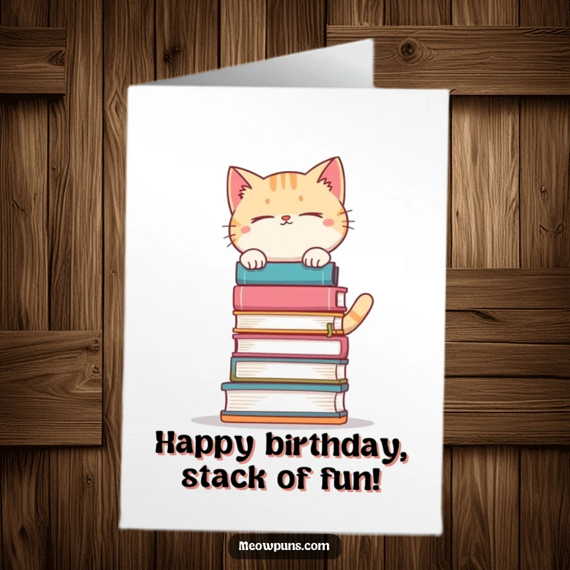 Funny Free Printable Birthday Card: A cat wobbling while balancing a tall, unstable stack of books.