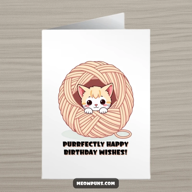 Funny Free Printable Birthday Card: A cute cat character playfully peeking out from a massive, colorful ball of yarn.