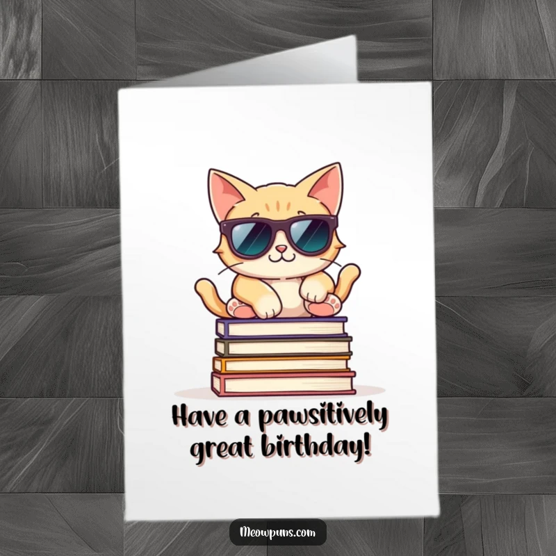 Funny free printable birthday card: A cat wearing sunglasses strikes a cool pose on a stack of books. So chill, man.