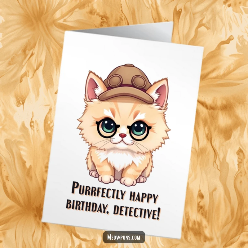 Funny Free Printable Birthday Card: A fluffy cat wearing a tiny detective hat with a magnifying glass, looking intrigued.