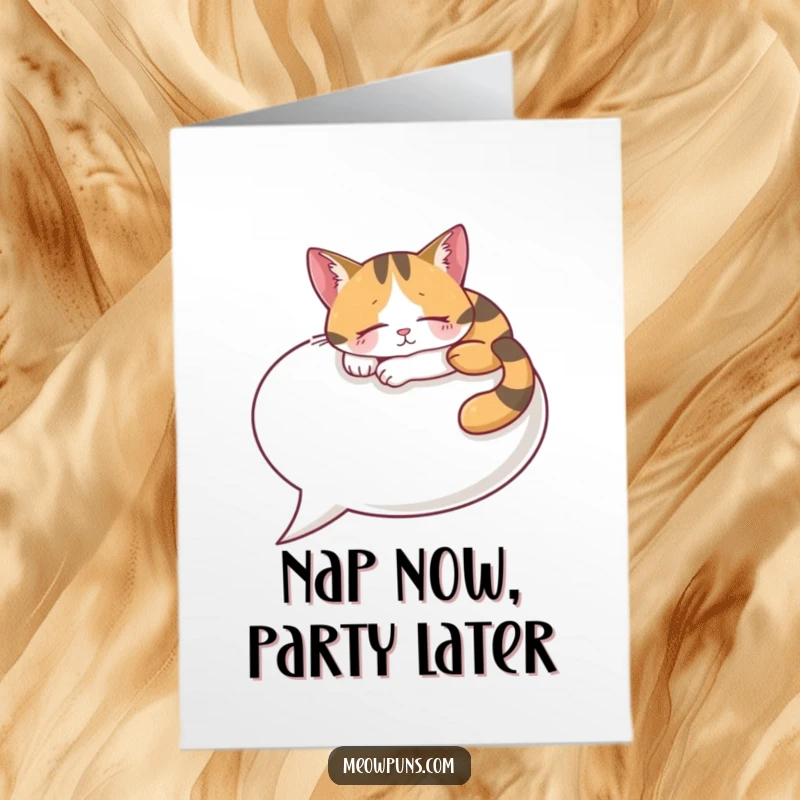 Funny Free Printable Birthday Card: Calico cat snoozing on a huge speech bubble, radiating pure relaxation.