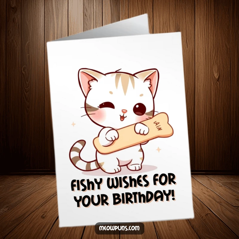 Funny Free Printable Birthday Card: Adorable cat leaping to bat a dangling fishbone, pure chaotic joy.