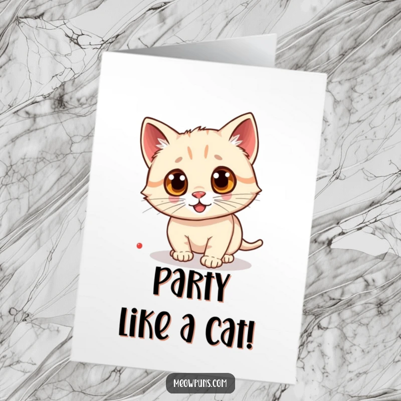 Funny Free Printable Birthday Card: Googly-eyed cat intensely chasing a red laser dot with extreme focus.