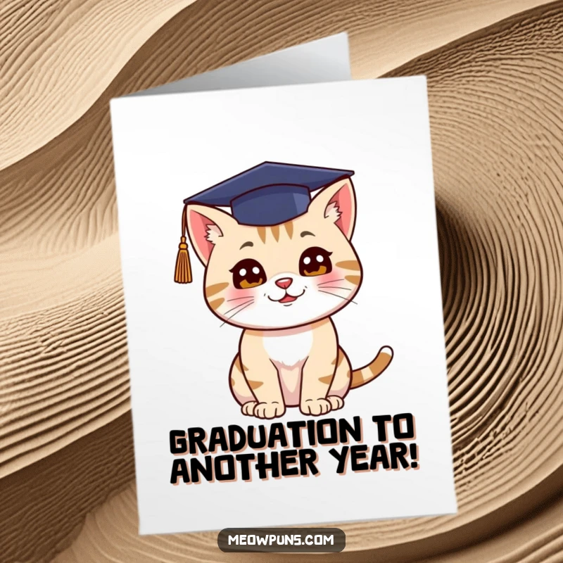 Funny Free Printable Birthday Card: Cat wearing a graduation cap throwing it in the air in celebration, perfect for birthday.