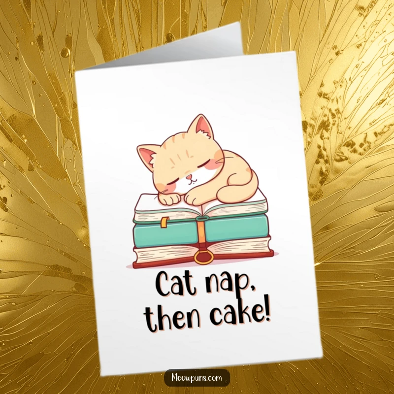 Funny Free Printable Birthday Card of a purring cat napping peacefully on a massive book, conveying cozy birthday wishes.