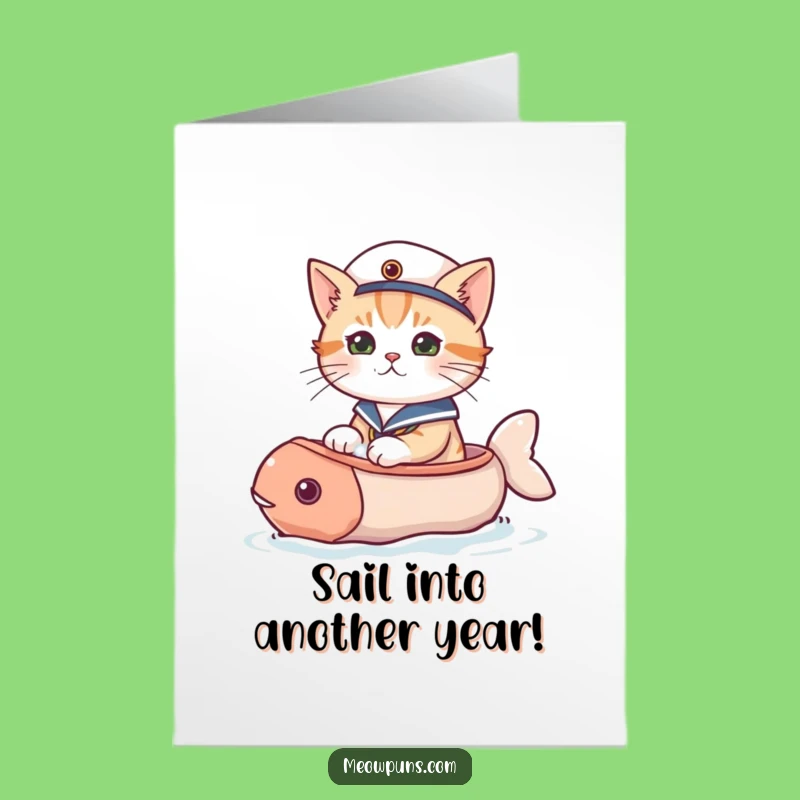 Free Printable Birthday Card: Sailor Cat's Fish Boat Voyage, Nautical Funny Gift
