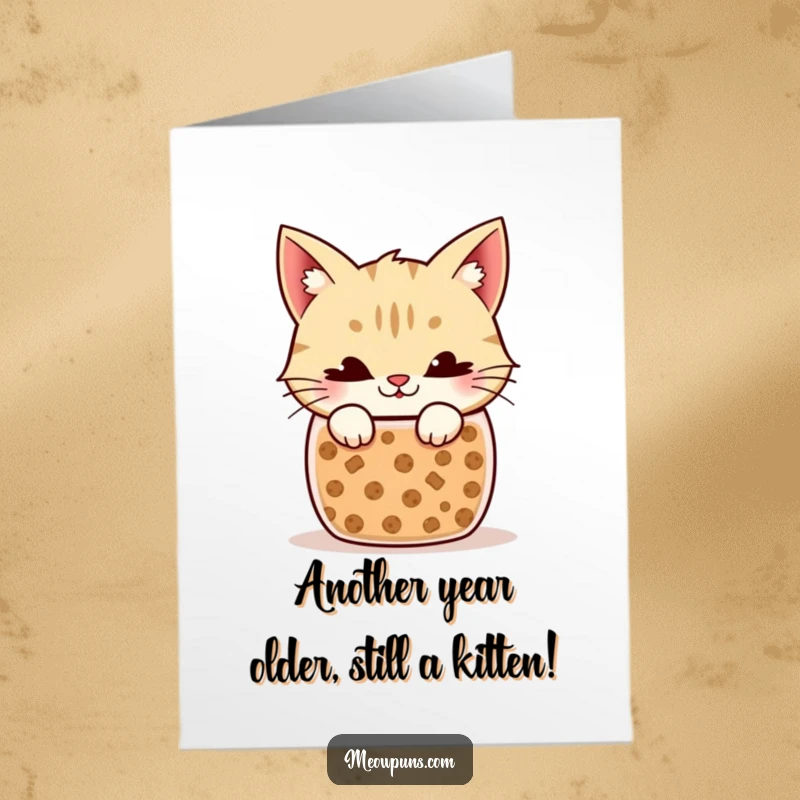 Funny Free Printable Birthday Card: Mischievous cat with a wide grin peeking out from a cookie jar, a funny DIY gift.