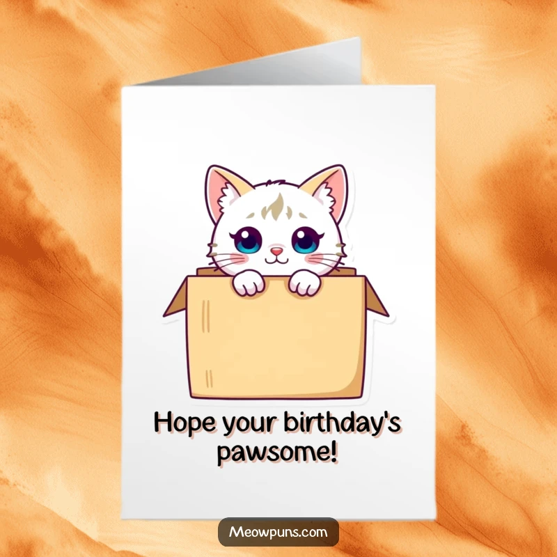 Funny Free Printable Birthday Card: Curious cat peeking out of a cardboard box, full of playful mischief.