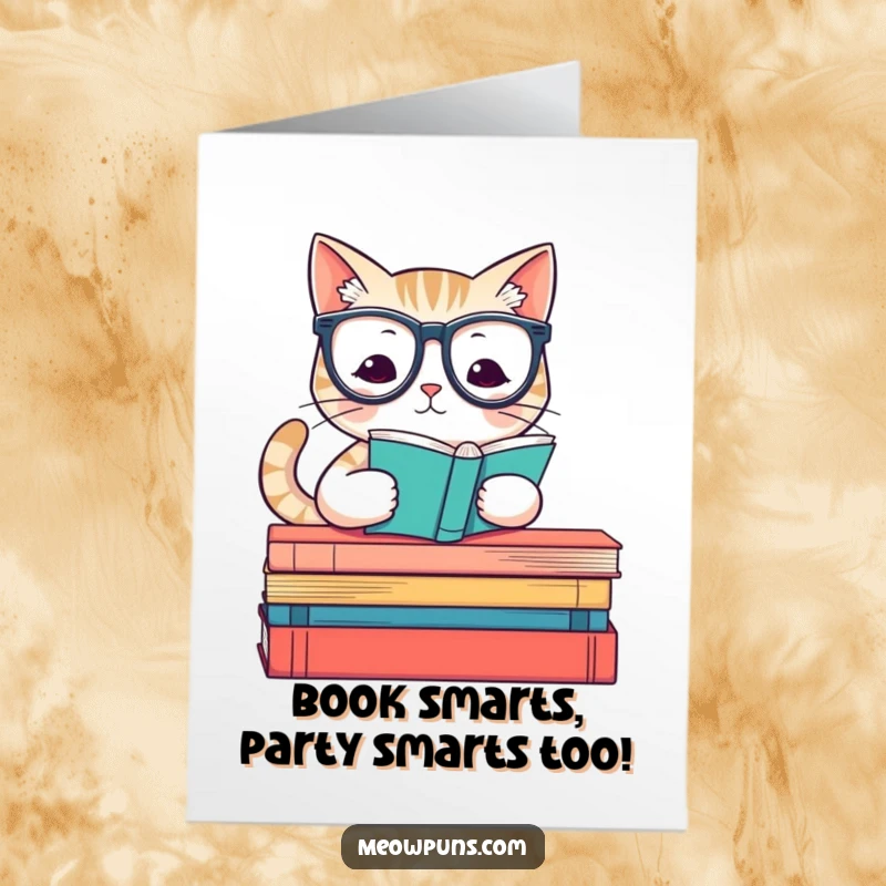 Funny Free Printable birthday card featuring a studious cat in reading glasses on a pile of books, ready to celebrate.