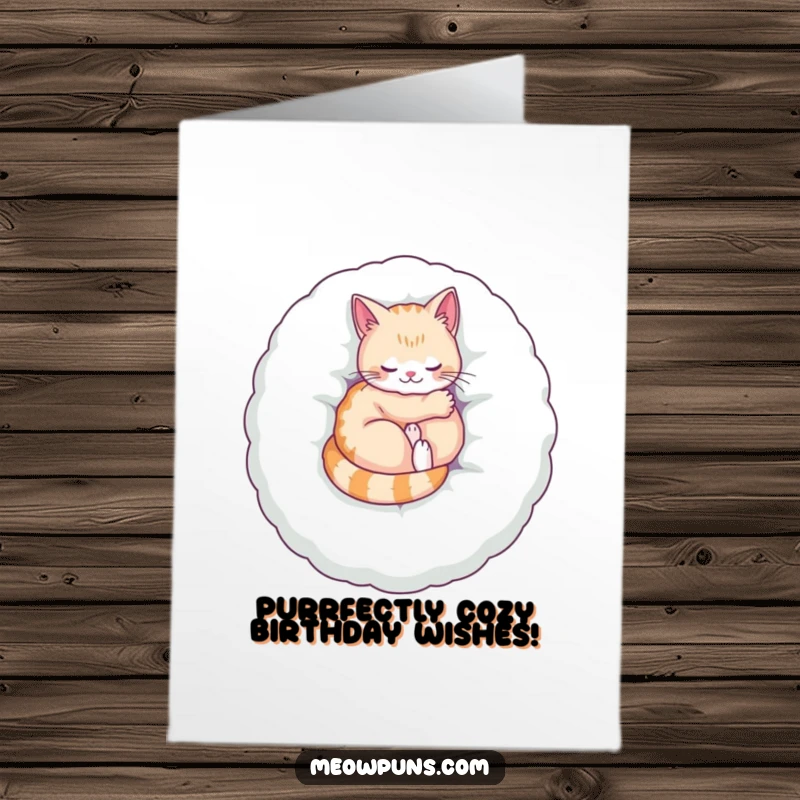 Funny Free Printable Birthday Card: Cat sleeping on a giant letter, cozy birthday wish, downloadable gift.
