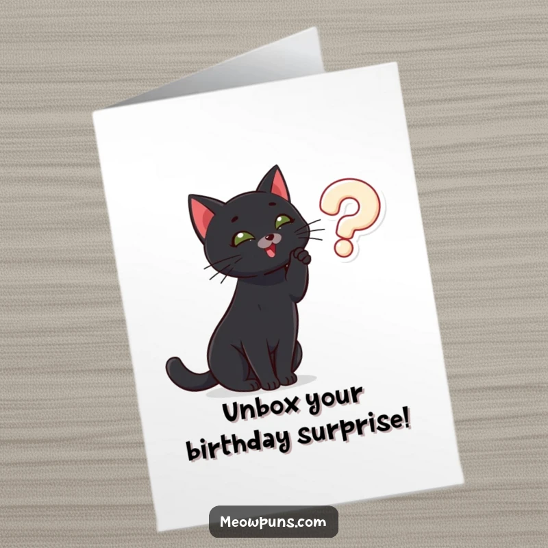 Funny Free Printable Birthday Card: Playful black cat batting curiously at a floating question mark, celebrating a birthday.