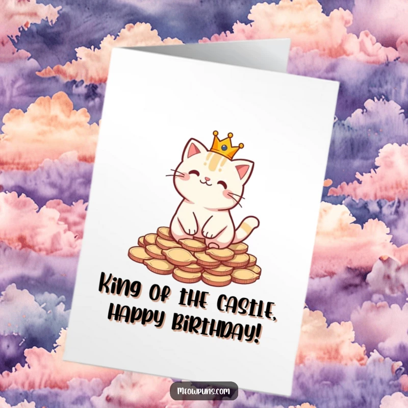 Funny Free Printable Birthday Card: Cat in crown sits on fish coins, regal and humorous birthday wish downloadable.