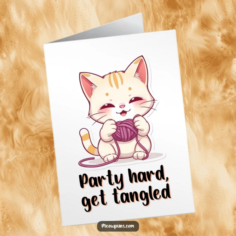 Funny Free Printable Birthday Card: A naughty cat gleefully tangles itself in a ball of colorful yarn, ready for fun.