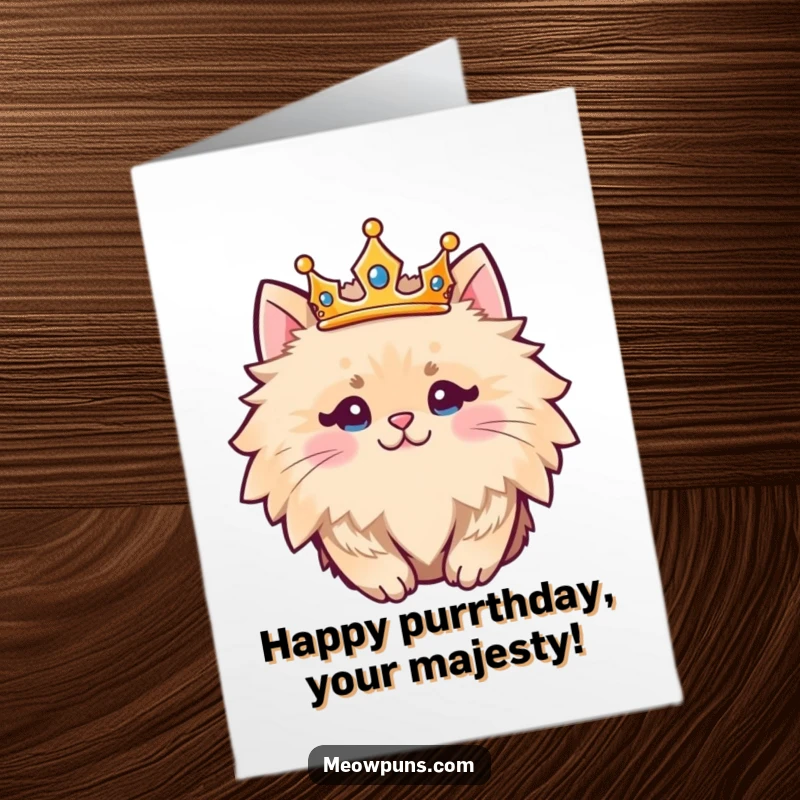 Funny Free Printable Birthday Card: Fluffy cat character wearing a golden crown, looking regal and cute.